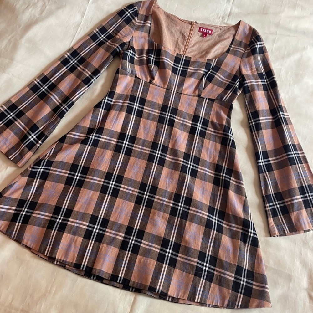 Staud- Black + Brown Square Neck Beth Plaid Cotton Long Sleeve Mini Dress Size 6